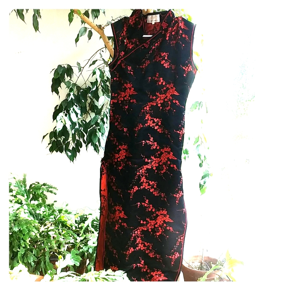 Satin Long Kimono Black and Red